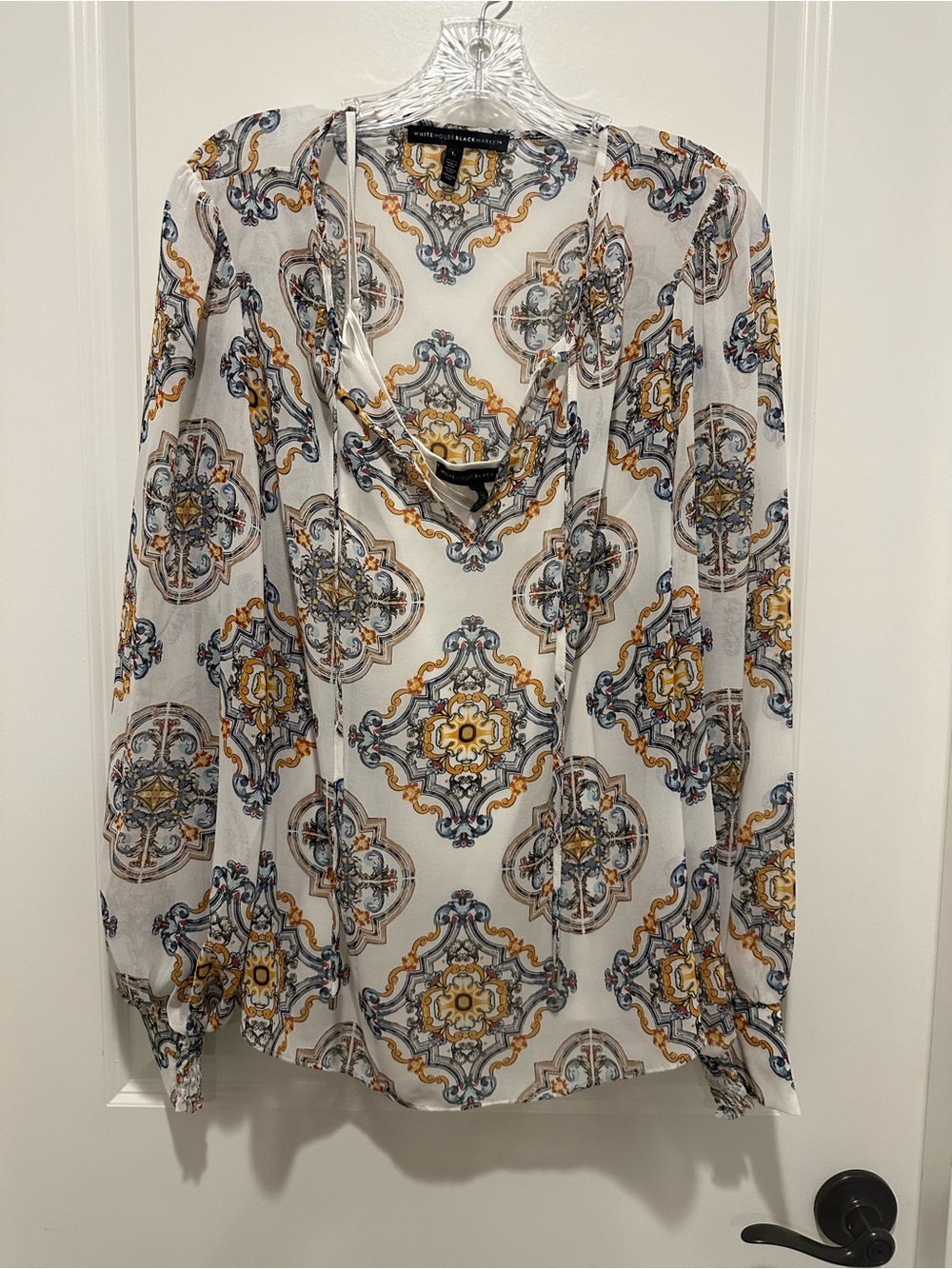 White House Black Market White Blouse with Gold and Blue Medallion Print